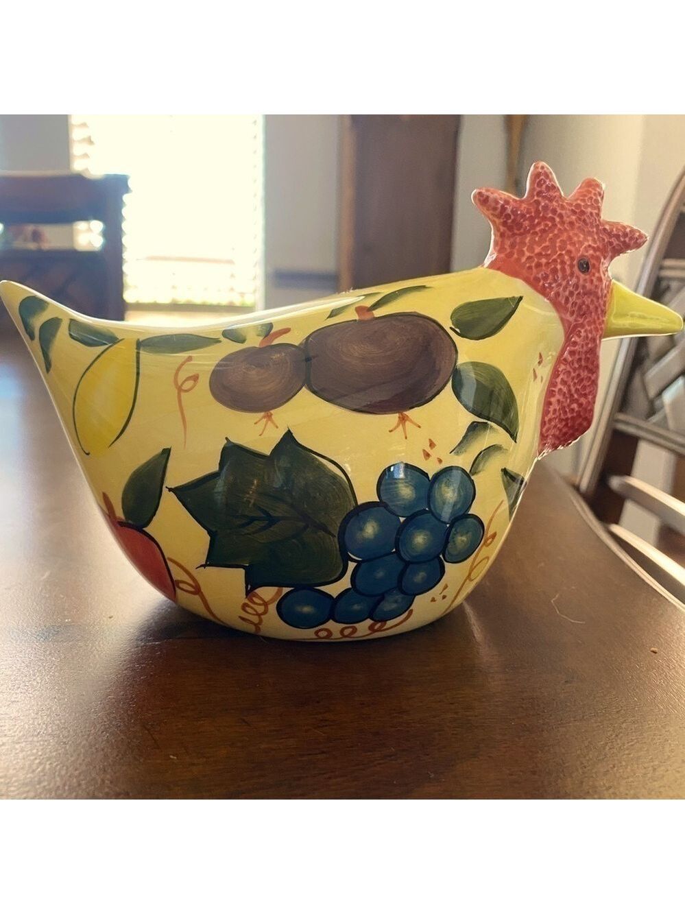 CBK LTD hand painted ceramic rooster/hen multiple colored fruit & leaves 1999